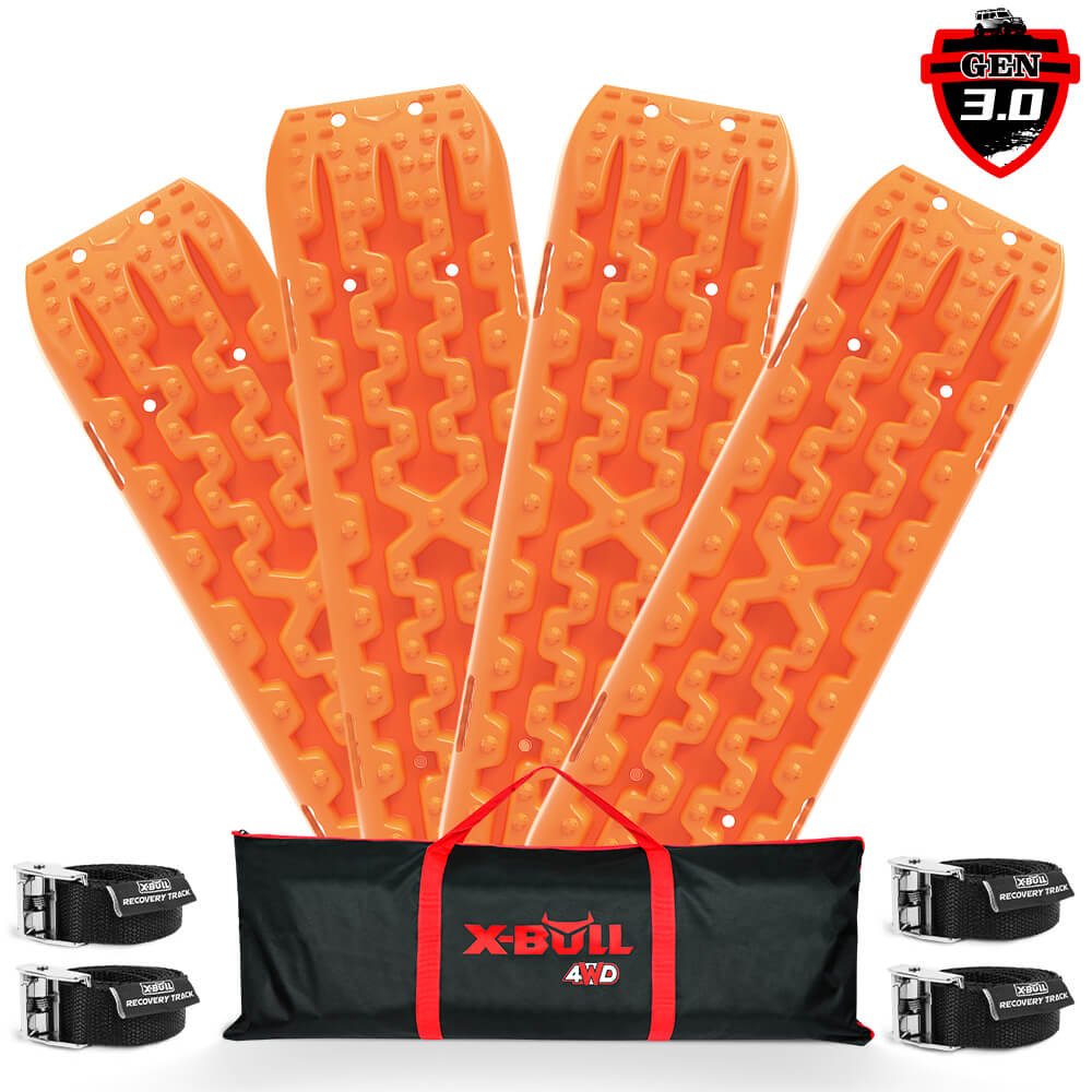 Image of four bright orange X-BULL Recovery Tracks Gen 3.0 Sand Track Mud Snow 10T 2 Pairs 4PC 4WD 4X4 fanned out behind a black and red carry bag labeled "X-BULL 4WD." Surrounding the bag are four black recovery straps. The top right corner features a "GEN 3.0" badge, perfect for tires spinning prevention in 4WD vehicles.