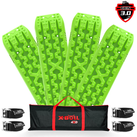 The image shows four green X-BULL Recovery Tracks Gen 3.0 Sand Track Mud Snow 10T 2 Pairs 4PC 4WD 4X4 Green, an off-road essential, arranged in a fan shape. In front of them is a black carrying bag with "X-BULL 4WD" in red text. Two black and white straps with metallic components are placed on either side of the bag. A logo in the top right corner reads "GEN 3.0.