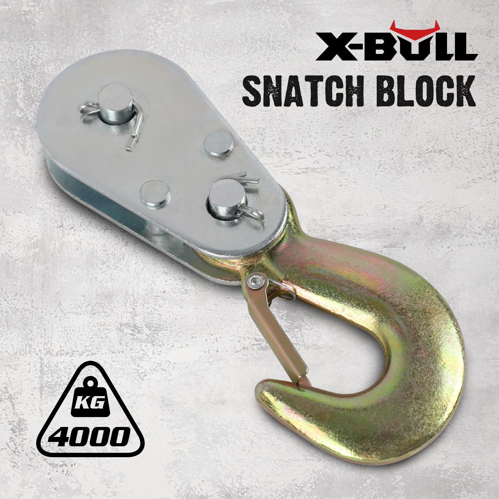 A X-BULL 4Ton Snatch Block Pulley Hook Wire Rope Hoist For 4WD ATV UTV Off Road is displayed against a textured background. The upper left corner features the text "X-BULL" and "4T Snatch Block," while the bottom left corner shows a weight icon labeled "4000 KG." This versatile lifting solution is perfect for your heavy-duty needs.