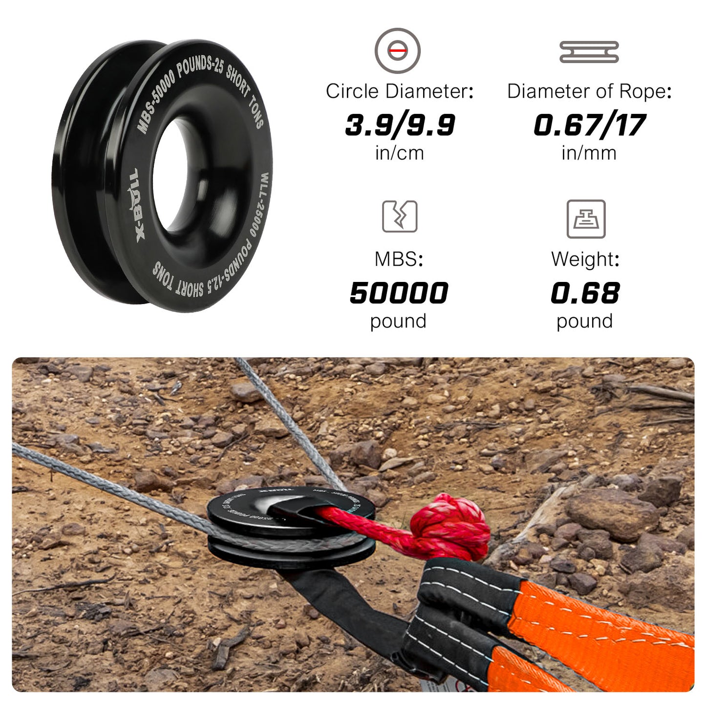 A composite image depicting a black X-BULL Recovery Ring Soft Shackle Kit Snatch Block Pulley Rope Snatch Ring 4WD, specifications include Circle Diameter: 3.9/9.9 in/cm, Diameter of Rope: 0.67/17 in/mm, MBS: 50000 pounds, and Weight: 0.68 pound. Below the specifications, the pulley is shown in use with a soft shackle as essential recovery equipment in an outdoor setting.