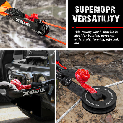 A composite image depicting a black X-BULL Recovery Ring Soft Shackle Kit Snatch Block Pulley Rope Snatch Ring 4WD, specifications include Circle Diameter: 3.9/9.9 in/cm, Diameter of Rope: 0.67/17 in/mm, MBS: 50000 pounds, and Weight: 0.68 pound. Below the specifications, the pulley is shown in use with a soft shackle as essential recovery equipment in an outdoor setting.