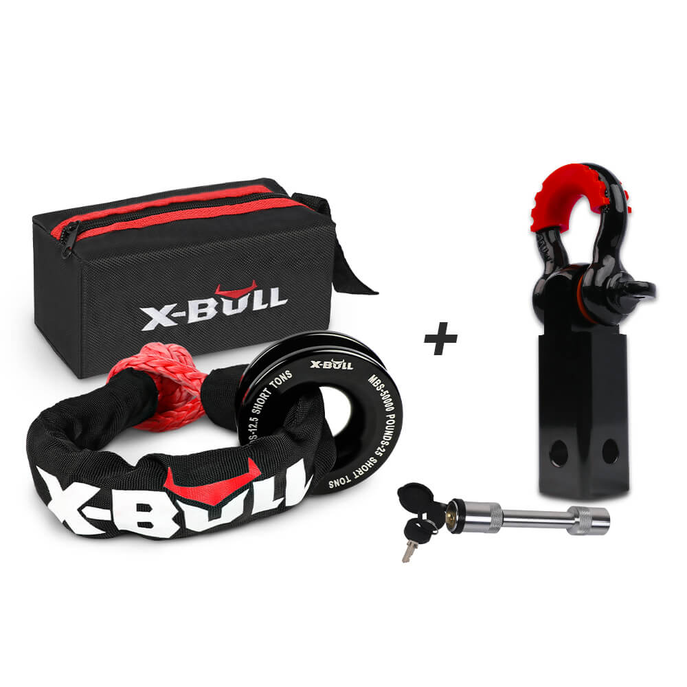 Image of an X-BULL Soft Shackle Synthetic Rope Recovery Snatch Ring /Recovery Hitch Receiver. The kit includes a sturdy black and red chain, a tow hitch receiver, a recovery hitch lock with keys, and a black storage bag with a red zipper and the X-BULL logo.