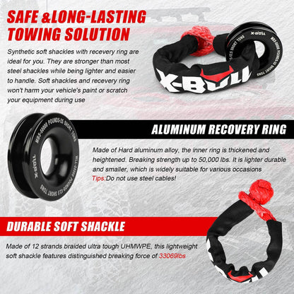 Image of an X-BULL Soft Shackle Synthetic Rope Recovery Snatch Ring /Recovery Hitch Receiver. The kit includes a sturdy black and red chain, a tow hitch receiver, a recovery hitch lock with keys, and a black storage bag with a red zipper and the X-BULL logo.