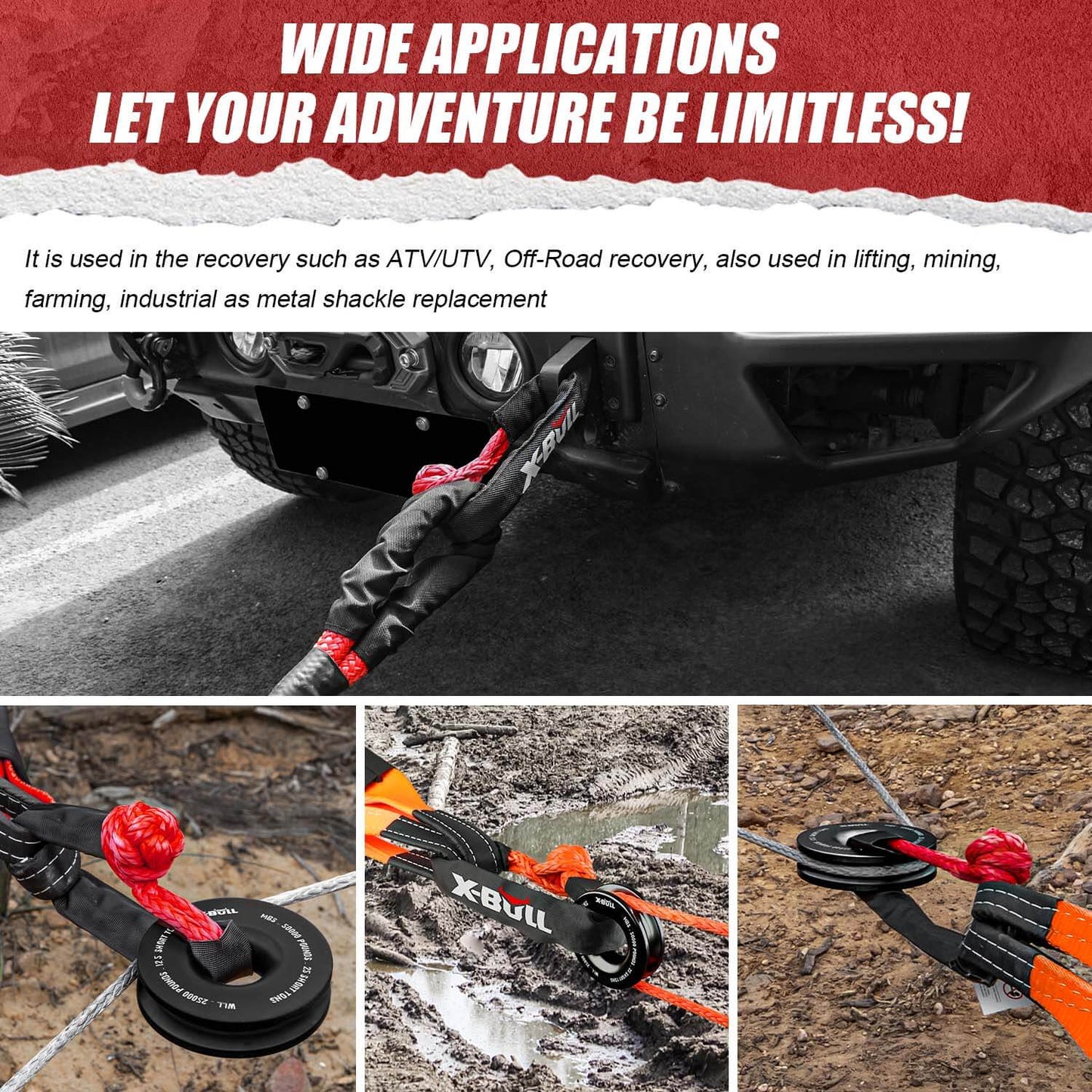 Image of an X-BULL Soft Shackle Synthetic Rope Recovery Snatch Ring /Recovery Hitch Receiver. The kit includes a sturdy black and red chain, a tow hitch receiver, a recovery hitch lock with keys, and a black storage bag with a red zipper and the X-BULL logo.