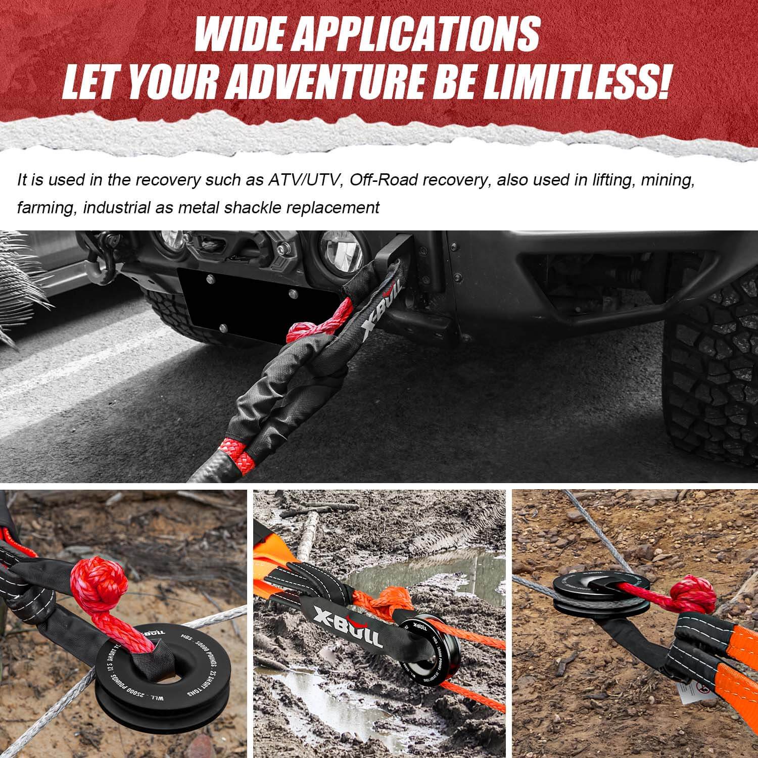 Image of an X-BULL Soft Shackle Synthetic Rope Recovery Snatch Ring /Recovery Hitch Receiver. The kit includes a sturdy black and red chain, a tow hitch receiver, a recovery hitch lock with keys, and a black storage bag with a red zipper and the X-BULL logo.