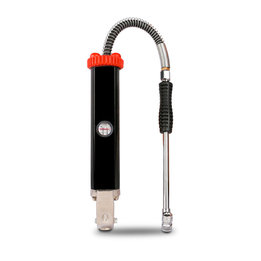 A black and red X-BULL Tyre Inflator with Pressure Gauge Heavy Duty Aluminium Die Cast Body 160PSI with a flexible hose and an accurate pressure gauge. The device features a nozzle attachment and an ergonomic handle for easy grip.