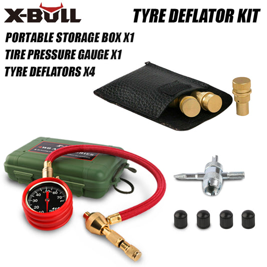 An image of an X-BULL Tyre Deflators Tire Automatic 4WD Pressure Gauge 4 Brass Deflator. The kit includes a portable storage box, a tire pressure gauge with a red hose, a pouch containing brass air deflators, high pressure valve stem cores, a valve core removal tool, and four black valve caps. The text lists the items included in the kit.