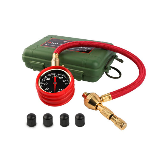 A green plastic case, a red and black X-BULL Tyre Deflator Tire Air Deflators Rapid With Pressure Gauge Valve Tool 4WD with an attached red hose, a gold-colored valve connector, and four black valve stem caps are displayed against a white background.