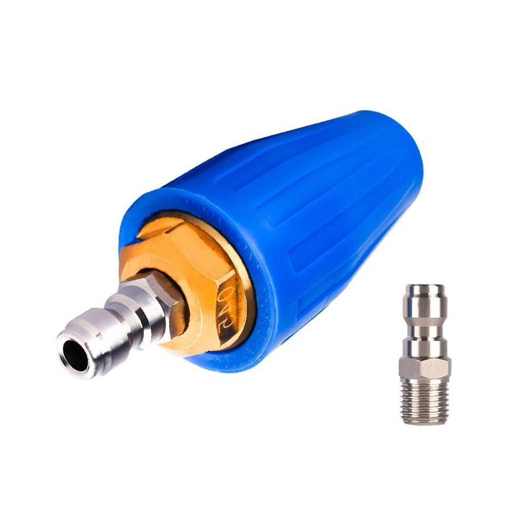 The image shows a blue, conical nozzle attachment with a metal fitting, likely for use with a pressure washer or similar device, featuring solid brass construction and capable of handling up to 4000 PSI, alongside a detached metallic connector. The product shown is the X-BULL Pressure Washer Turbo Nozzle Head 4000PSI High Cleaner 1/4BSP.