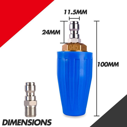 The image shows a blue, conical nozzle attachment with a metal fitting, likely for use with a pressure washer or similar device, featuring solid brass construction and capable of handling up to 4000 PSI, alongside a detached metallic connector. The product shown is the X-BULL Pressure Washer Turbo Nozzle Head 4000PSI High Cleaner 1/4BSP.