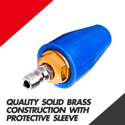 The image shows a blue, conical nozzle attachment with a metal fitting, likely for use with a pressure washer or similar device, featuring solid brass construction and capable of handling up to 4000 PSI, alongside a detached metallic connector. The product shown is the X-BULL Pressure Washer Turbo Nozzle Head 4000PSI High Cleaner 1/4BSP.