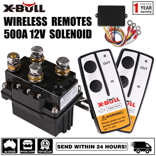 An advertisement for X-BULL Winch Solenoid Relay 12V 500A Winch Controller Twin Wireless Remote4WD4x4 with a one-year warranty. It includes an image of the solenoid, two wireless winch remotes, and various connectors. Icons highlight features like AU stock, official store, top seller, and fast shipping.