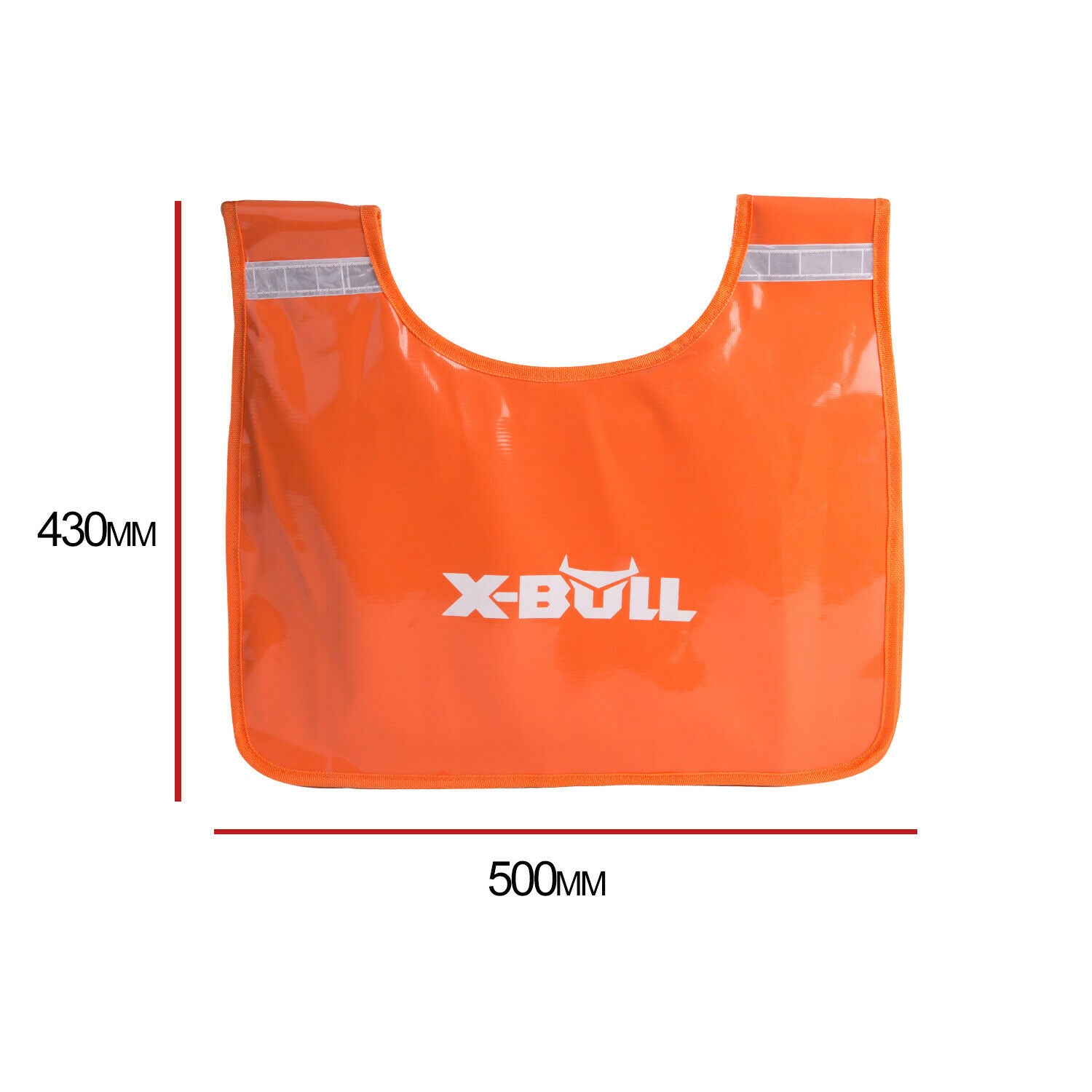 An orange safety vest with reflective strips and the brand name "X-BULL Winch Damper Cable Cushion Recovery Safety Blanket 4x4 Car Off-Road" printed in white on the front center, resembling a recovery damper in its robust design. The vest is outlined with black piping and is partially folded at the shoulder area, creating a 3D look against a white background.