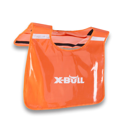 An orange safety vest with reflective strips and the brand name "X-BULL Winch Damper Cable Cushion Recovery Safety Blanket 4x4 Car Off-Road" printed in white on the front center, resembling a recovery damper in its robust design. The vest is outlined with black piping and is partially folded at the shoulder area, creating a 3D look against a white background.