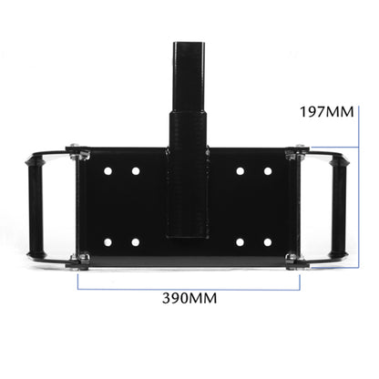 A black, metal X-BULL Winch Cradle Mounting Plate Bracket Foldable Steel Bar Truck Trailer 4WD Universal For 9000 10000 12000 13000 14500LBS winch with a hitch mount, designed to secure a motorcycle's front wheel for transport or storage. Built with heavy duty construction, the device has a U-shaped frame with two parallel arms and several bolts for adjustable fitting.