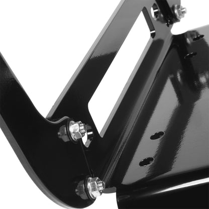 A black, metal X-BULL Winch Cradle Mounting Plate Bracket Foldable Steel Bar Truck Trailer 4WD Universal For 9000 10000 12000 13000 14500LBS winch with a hitch mount, designed to secure a motorcycle's front wheel for transport or storage. Built with heavy duty construction, the device has a U-shaped frame with two parallel arms and several bolts for adjustable fitting.