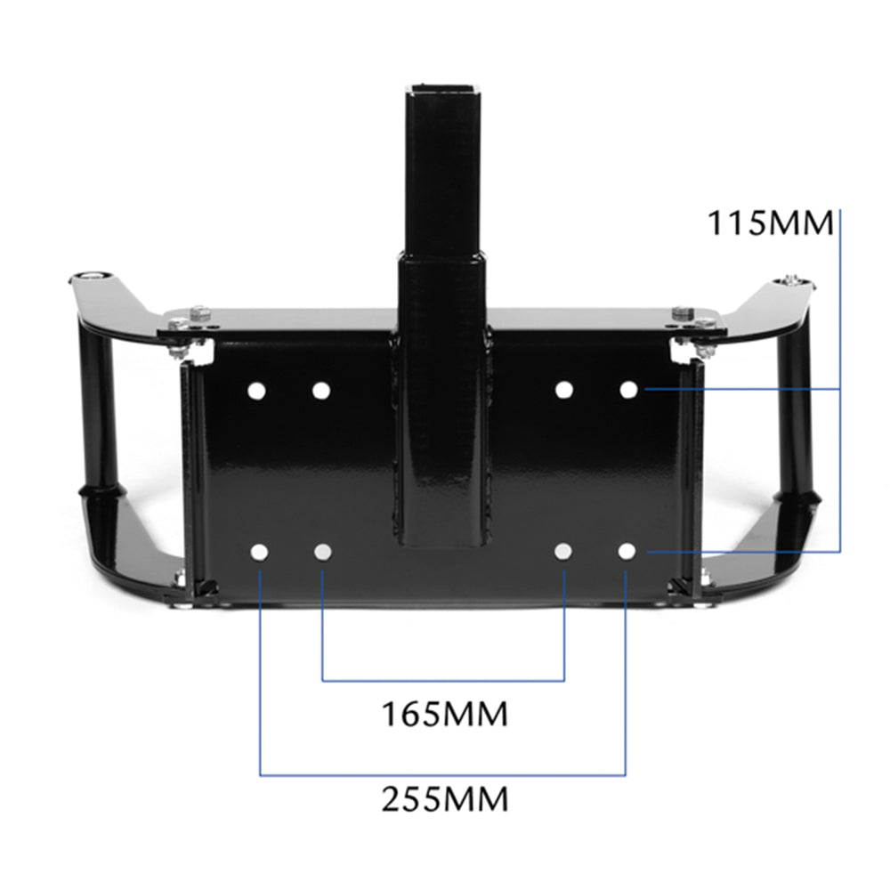 A black, metal X-BULL Winch Cradle Mounting Plate Bracket Foldable Steel Bar Truck Trailer 4WD Universal For 9000 10000 12000 13000 14500LBS winch with a hitch mount, designed to secure a motorcycle's front wheel for transport or storage. Built with heavy duty construction, the device has a U-shaped frame with two parallel arms and several bolts for adjustable fitting.