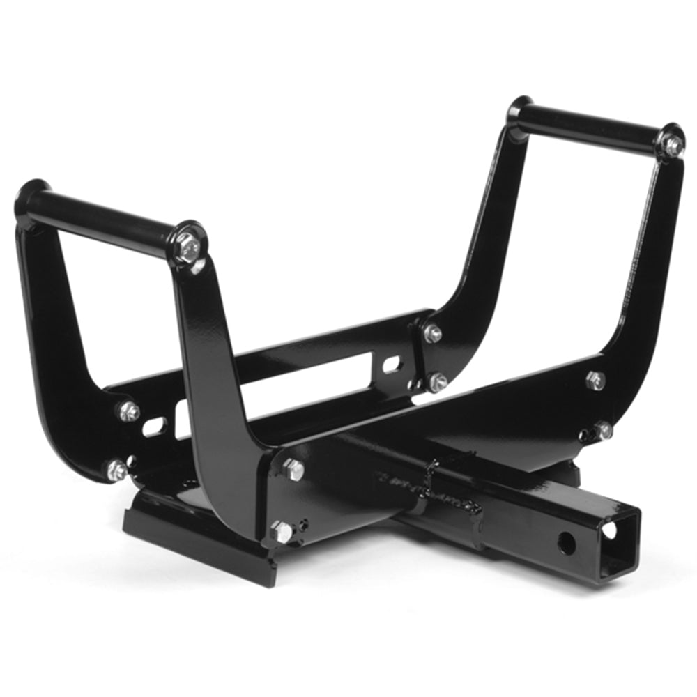 A black, metal X-BULL Winch Cradle Mounting Plate Bracket Foldable Steel Bar Truck Trailer 4WD Universal For 9000 10000 12000 13000 14500LBS winch with a hitch mount, designed to secure a motorcycle's front wheel for transport or storage. Built with heavy duty construction, the device has a U-shaped frame with two parallel arms and several bolts for adjustable fitting.