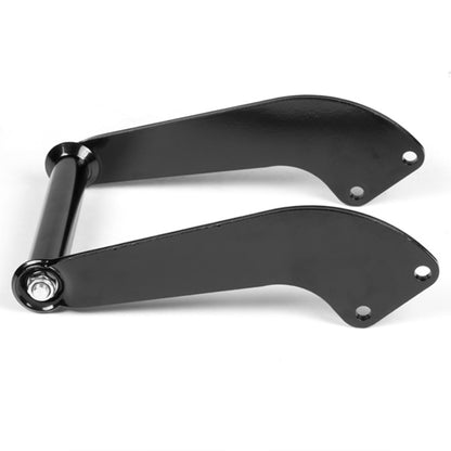 A black, metal X-BULL Winch Cradle Mounting Plate Bracket Foldable Steel Bar Truck Trailer 4WD Universal For 9000 10000 12000 13000 14500LBS winch with a hitch mount, designed to secure a motorcycle's front wheel for transport or storage. Built with heavy duty construction, the device has a U-shaped frame with two parallel arms and several bolts for adjustable fitting.