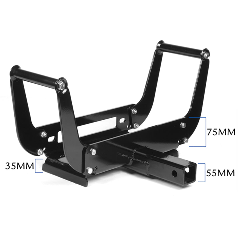 A black, metal X-BULL Winch Cradle Mounting Plate Bracket Foldable Steel Bar Truck Trailer 4WD Universal For 9000 10000 12000 13000 14500LBS winch with a hitch mount, designed to secure a motorcycle's front wheel for transport or storage. Built with heavy duty construction, the device has a U-shaped frame with two parallel arms and several bolts for adjustable fitting.