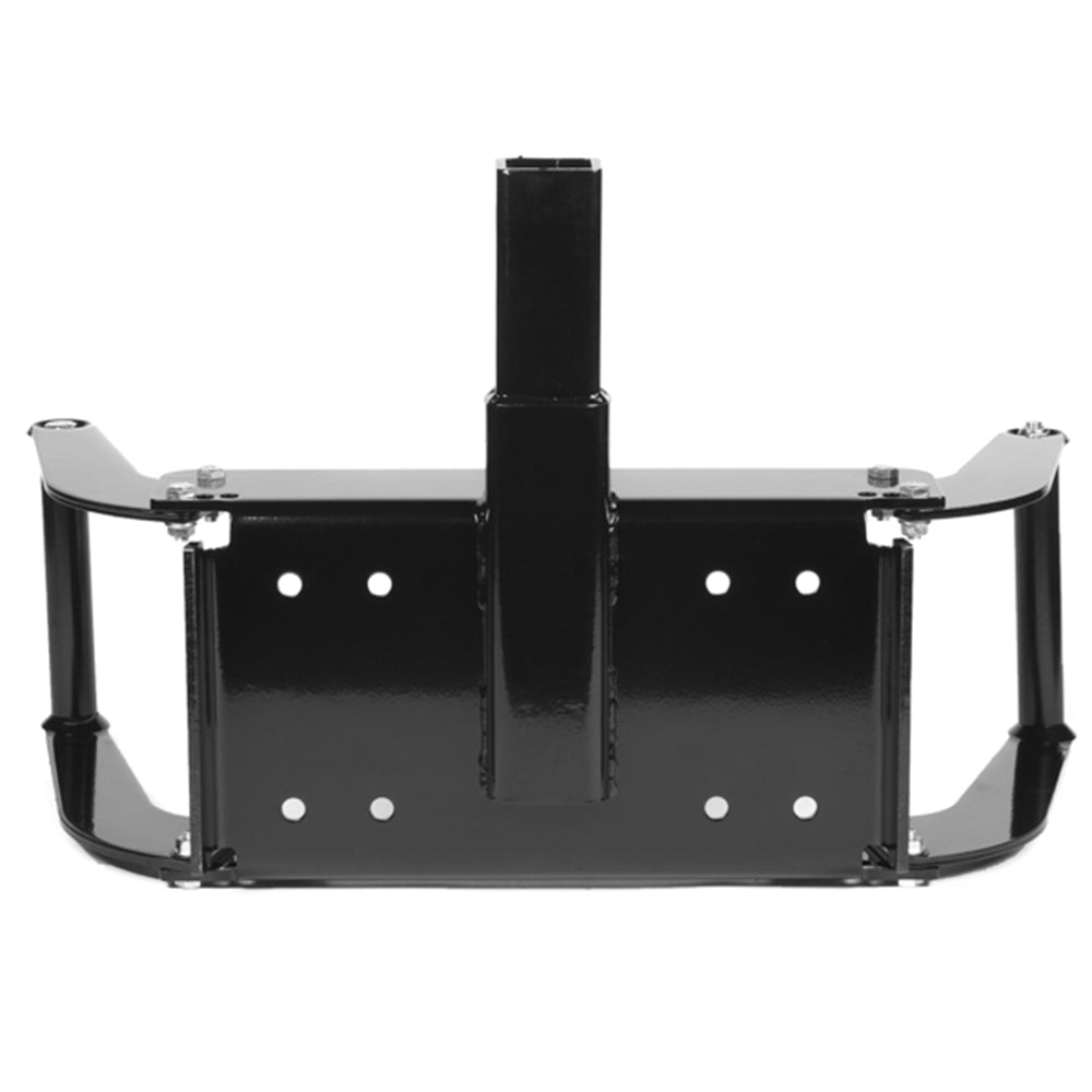 A black, metal X-BULL Winch Cradle Mounting Plate Bracket Foldable Steel Bar Truck Trailer 4WD Universal For 9000 10000 12000 13000 14500LBS winch with a hitch mount, designed to secure a motorcycle's front wheel for transport or storage. Built with heavy duty construction, the device has a U-shaped frame with two parallel arms and several bolts for adjustable fitting.