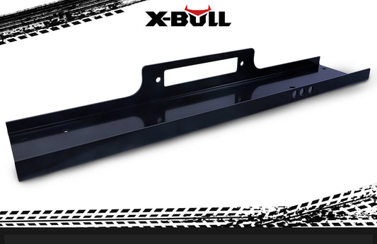 A black X-BULL Winch Mounting Plate Cradle 8000-13000lbs New Universal Truck TrailerATV made of heavy-duty steel with various holes and a rectangular cutout is shown against a white background. The image features the "X-BULL" logo at the top, tire tread marks for visual effect, and supports an 8000lb - 13000lb winch.