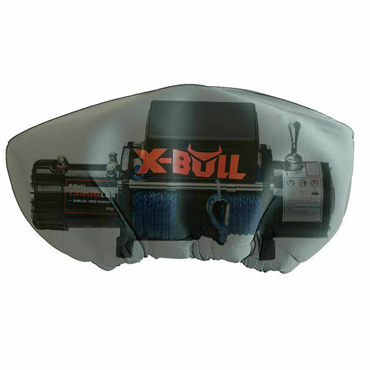 A black X-BULL 4500 lbs winch with synthetic rope is displayed against a white background. The winch features a red X-BULL logo across the top, a blue synthetic rope, and various control components, including a lever and a control box. For added protection, consider the waterproof X-BULL Winch Cover Waterproof fits 8000-17000LBS Winch Dust Cover Soft 4X4.