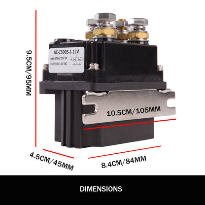 An industrial-grade X-BULL Winch Solenoid Relay Controller 500A DC Switch 4WD 9500LBS-17000LBS 4x4 with a black housing and numerous metal terminals on top, each secured with a bolt and nut. A label on one side includes the model number ADC5005-1-12V. Featuring heavy-duty construction, the relay also has mounting holes at the bottom.