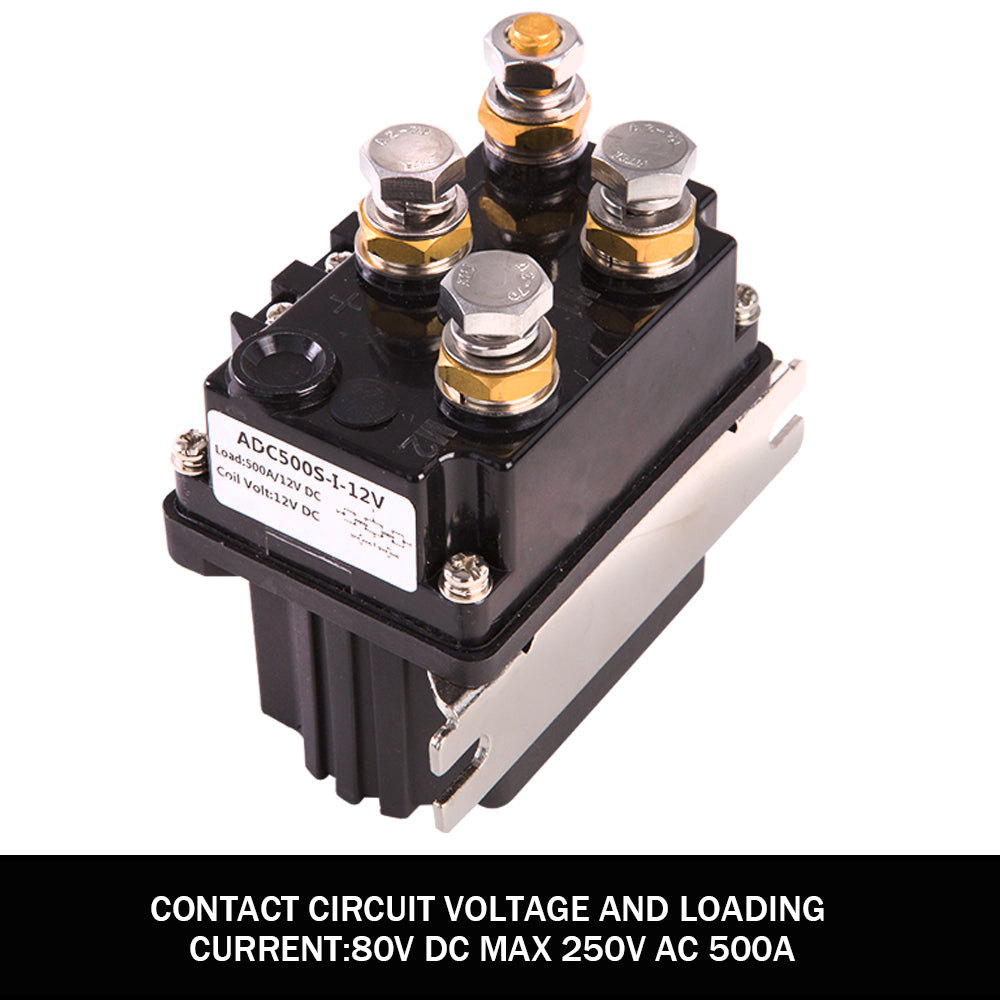 An industrial-grade X-BULL Winch Solenoid Relay Controller 500A DC Switch 4WD 9500LBS-17000LBS 4x4 with a black housing and numerous metal terminals on top, each secured with a bolt and nut. A label on one side includes the model number ADC5005-1-12V. Featuring heavy-duty construction, the relay also has mounting holes at the bottom.