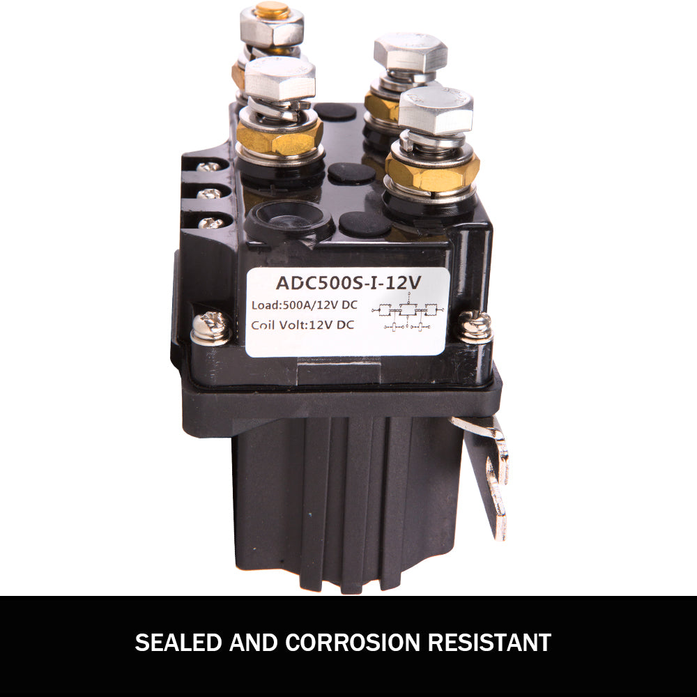 An industrial-grade X-BULL Winch Solenoid Relay Controller 500A DC Switch 4WD 9500LBS-17000LBS 4x4 with a black housing and numerous metal terminals on top, each secured with a bolt and nut. A label on one side includes the model number ADC5005-1-12V. Featuring heavy-duty construction, the relay also has mounting holes at the bottom.