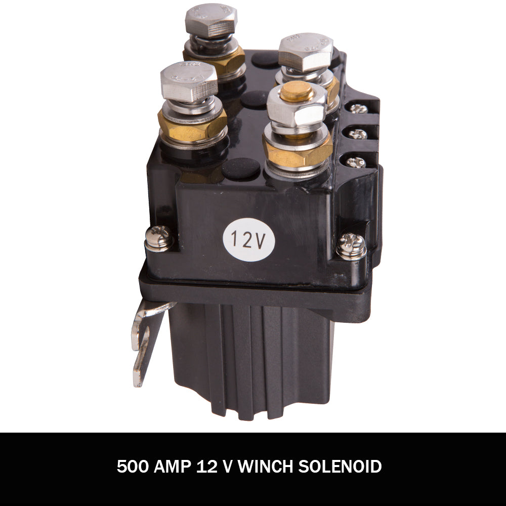 An industrial-grade X-BULL Winch Solenoid Relay Controller 500A DC Switch 4WD 9500LBS-17000LBS 4x4 with a black housing and numerous metal terminals on top, each secured with a bolt and nut. A label on one side includes the model number ADC5005-1-12V. Featuring heavy-duty construction, the relay also has mounting holes at the bottom.