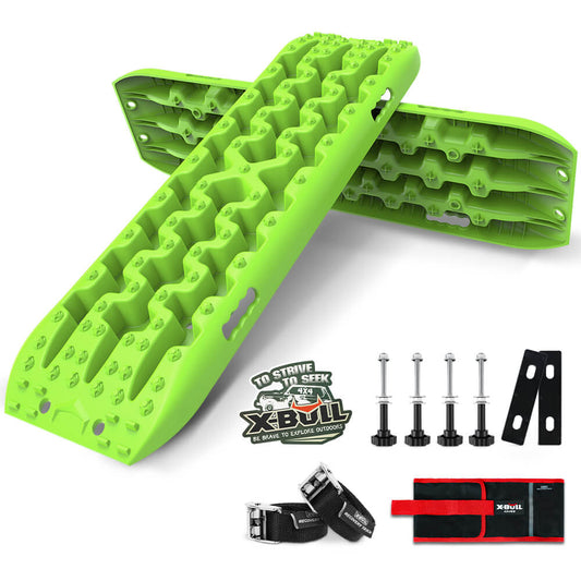 A set of green recovery traction boards, branded "X-BULL Recovery tracks Sand tracks KIT Carry bag mounting pin Sand/Snow/Mud 10T 4WD-GREEN Gen3.0," designed for off-road vehicles. The X-BULL Recovery tracks Sand tracks KIT Carry bag mounting pin Sand/Snow/Mud 10T 4WD-GREEN Gen3.0 includes four metal mounting pins, two black and red carrying straps, and a black mounting bracket. Made from a durable nylon mixture, the XBULL logo and motto are also visible.