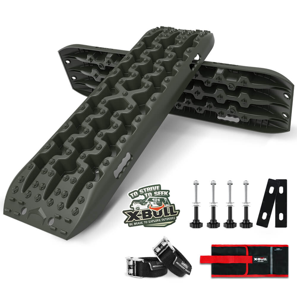 A pair of X-BULL Recovery tracks Sand tracks KIT Carry bag mounting pin Sand/Snow/Mud 10T 4WD-OLIVE Gen3.0 designed for off-road vehicle recovery is shown, featuring rugged, textured surfaces for optimal grip. Accompanied by mounting hardware including bolts, brackets, and straps made from durable nylon material. The X-Bull logo sticker is also displayed prominently.