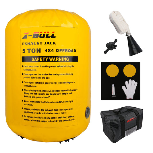 A yellow X-BULL Air Jack Recovery Exhaust Jack Kits 5T Air Bag Multi Layer Truck Rescue designed for off-road terrain, complete with safety warnings. Comes with a black carrying bag, gloves, round patches, a connector hose, and other accessories made from high tenacity nylon for durability.