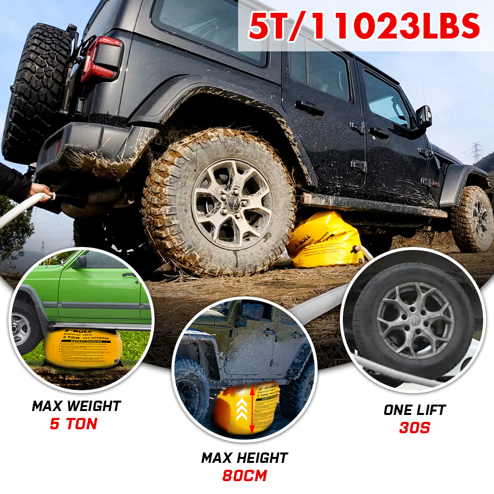 A yellow X-BULL Air Jack Recovery Exhaust Jack Kits 5T Air Bag Multi Layer Truck Rescue designed for off-road terrain, complete with safety warnings. Comes with a black carrying bag, gloves, round patches, a connector hose, and other accessories made from high tenacity nylon for durability.