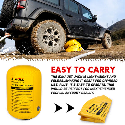 A yellow X-BULL Air Jack Recovery Exhaust Jack Kits 5T Air Bag Multi Layer Truck Rescue designed for off-road terrain, complete with safety warnings. Comes with a black carrying bag, gloves, round patches, a connector hose, and other accessories made from high tenacity nylon for durability.