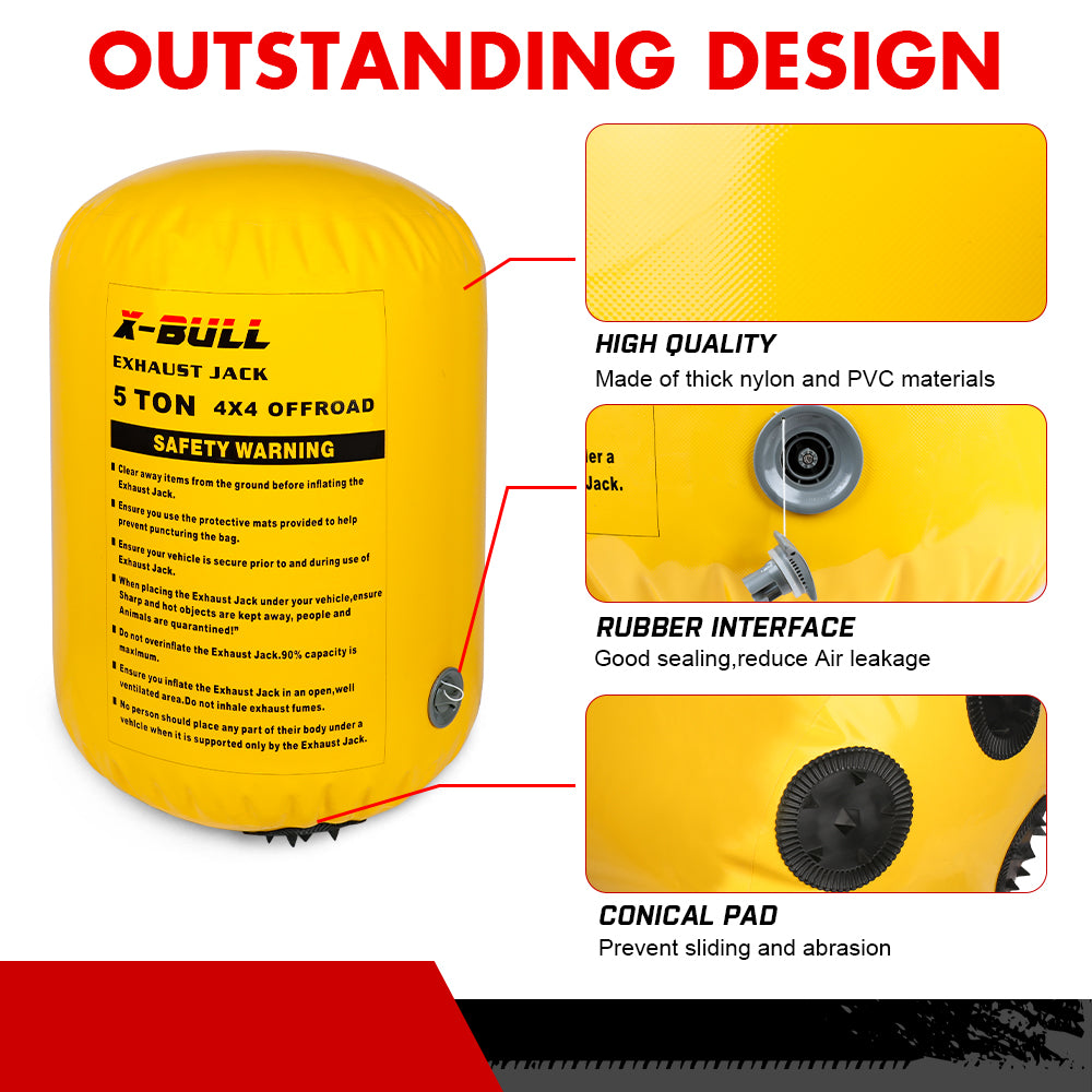 A yellow X-BULL Air Jack Recovery Exhaust Jack Kits 5T Air Bag Multi Layer Truck Rescue designed for off-road terrain, complete with safety warnings. Comes with a black carrying bag, gloves, round patches, a connector hose, and other accessories made from high tenacity nylon for durability.