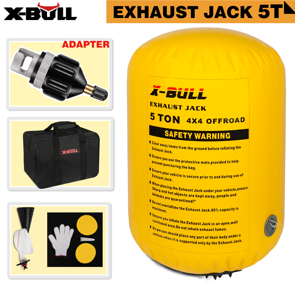 A yellow X-BULL Air Jack Recovery Exhaust Jack Kits 5T Air Bag Multi Layer Truck Rescue designed for off-road terrain, complete with safety warnings. Comes with a black carrying bag, gloves, round patches, a connector hose, and other accessories made from high tenacity nylon for durability.