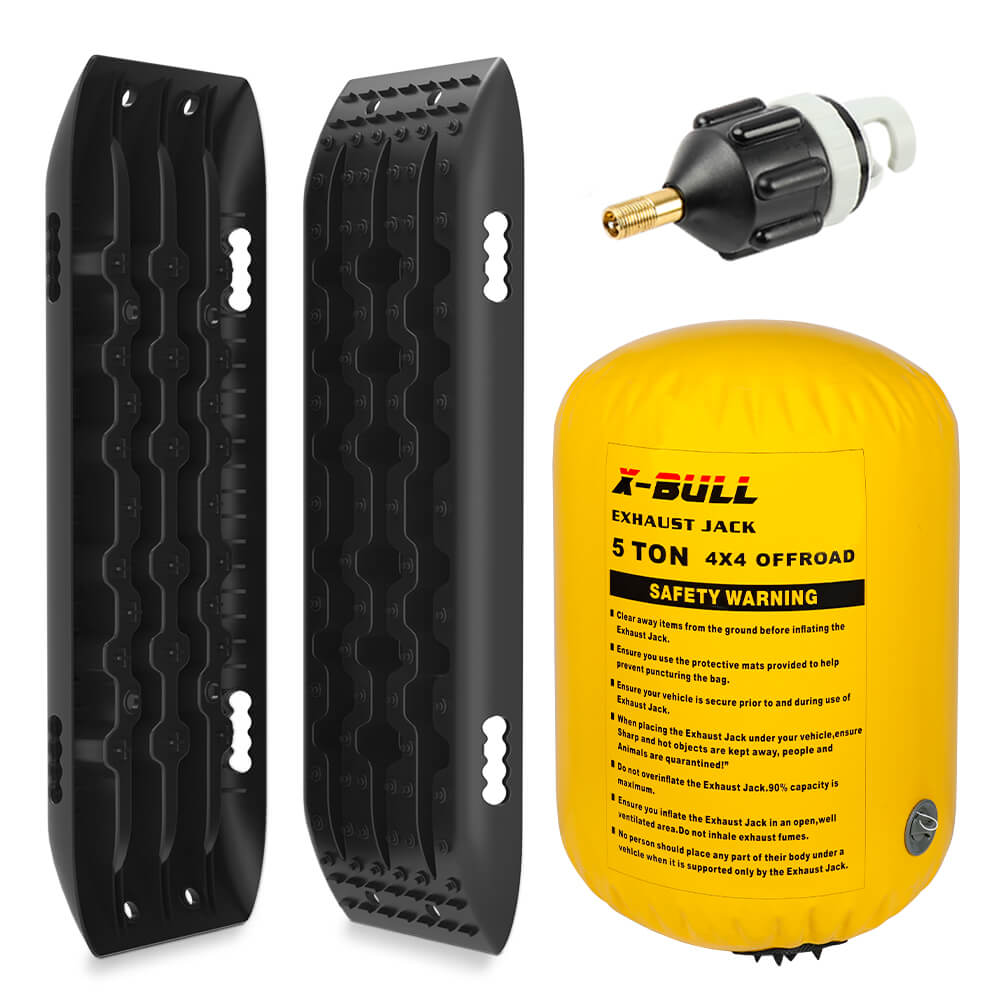 The image displays a set of 4x4 off-road recovery equipment. It features two black traction boards with textured surfaces for grip, a black and white air nozzle, and a yellow exhaust jack bag labeled "X-BULL Exhaust Jack Air Bag Jack With 2PCS Recovery Tracks Boards 4WD 4X4 Gen2.0 Black" with safety warnings. Perfect for tackling challenging off-road terrain.