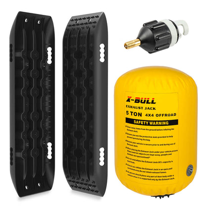 The image displays a set of 4x4 off-road recovery equipment. It features two black traction boards with textured surfaces for grip, a black and white air nozzle, and a yellow exhaust jack bag labeled "X-BULL Exhaust Jack Air Bag Jack With 2PCS Recovery Tracks Boards 4WD 4X4 Gen2.0 Black" with safety warnings. Perfect for tackling challenging off-road terrain.