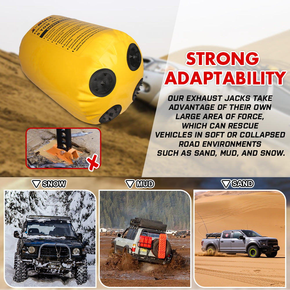 The image displays a set of 4x4 off-road recovery equipment. It features two black traction boards with textured surfaces for grip, a black and white air nozzle, and a yellow exhaust jack bag labeled "X-BULL Exhaust Jack Air Bag Jack With 2PCS Recovery Tracks Boards 4WD 4X4 Gen2.0 Black" with safety warnings. Perfect for tackling challenging off-road terrain.