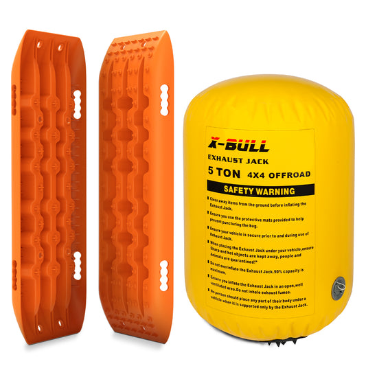 A bright yellow X-BULL Exhaust Jack Air Jack Rescue Kit/2PCS Recovery Tracks Boards 4x4 4WD Gen2.0 labeled "5 Ton 4x4 Offroad" with safety warnings written on it, next to two orange traction boards made of high-strength nylon featuring raised patterns and side handles designed for vehicle recovery in off-road terrain.