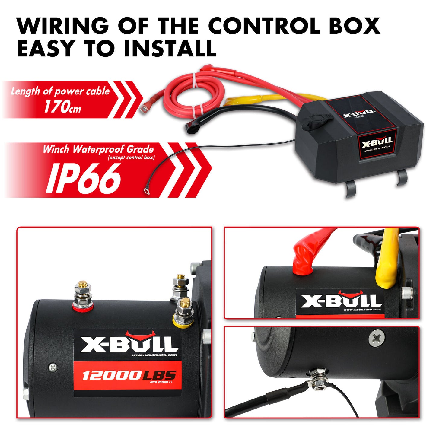 An X-BULL Electric Winch 12000LBS/5454KGS Steel Cable 12V Wireless Remote Offroad is displayed with various components, including a remote control, a hook, electrical cables with copper core terminals, and a branded strap. The winch features a multi-position control box and planet gear system. The winch and accessories are black with red and white branding.