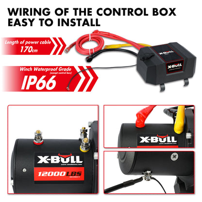 An X-BULL Electric Winch 12000LBS/5454KGS Steel Cable 12V Wireless Remote Offroad is displayed with various components, including a remote control, a hook, electrical cables with copper core terminals, and a branded strap. The winch features a multi-position control box and planet gear system. The winch and accessories are black with red and white branding.