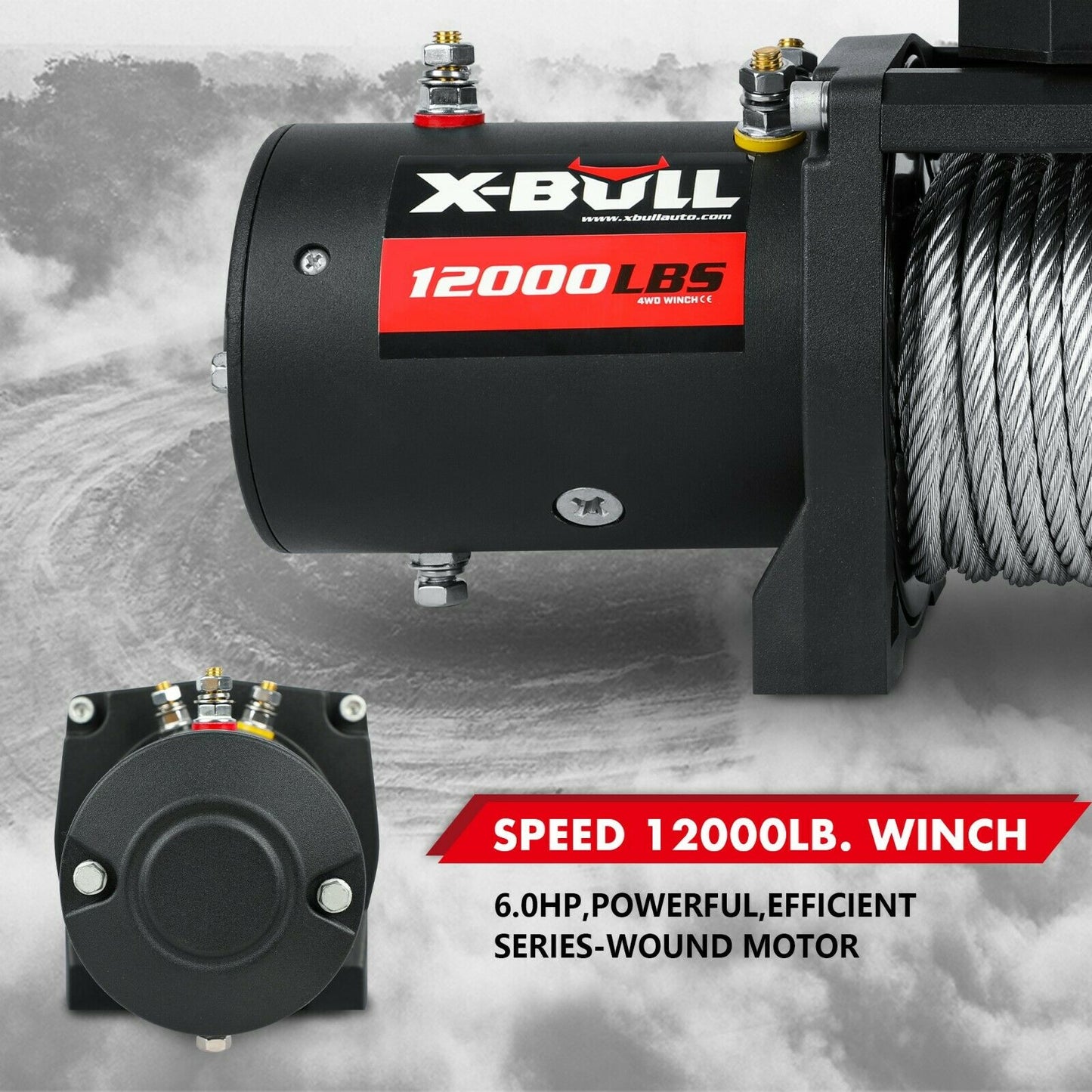 An X-BULL Electric Winch 12000LBS/5454KGS Steel Cable 12V Wireless Remote Offroad is displayed with various components, including a remote control, a hook, electrical cables with copper core terminals, and a branded strap. The winch features a multi-position control box and planet gear system. The winch and accessories are black with red and white branding.