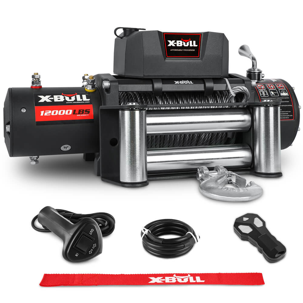 Image displays a collection of X-BULL Electric Winch 12V 12000LBS Steel Cable Wireless remote 4WD 4X4 Car Trailer, featuring models with capacities of 3000 lbs, 4500 lbs, 5000 lbs, and 14,500 lbs. Prominent features include red synthetic ropes and the company logo. Several models come with a multi-position control box and copper core terminals. Text at the bottom highlights a 1-year warranty.