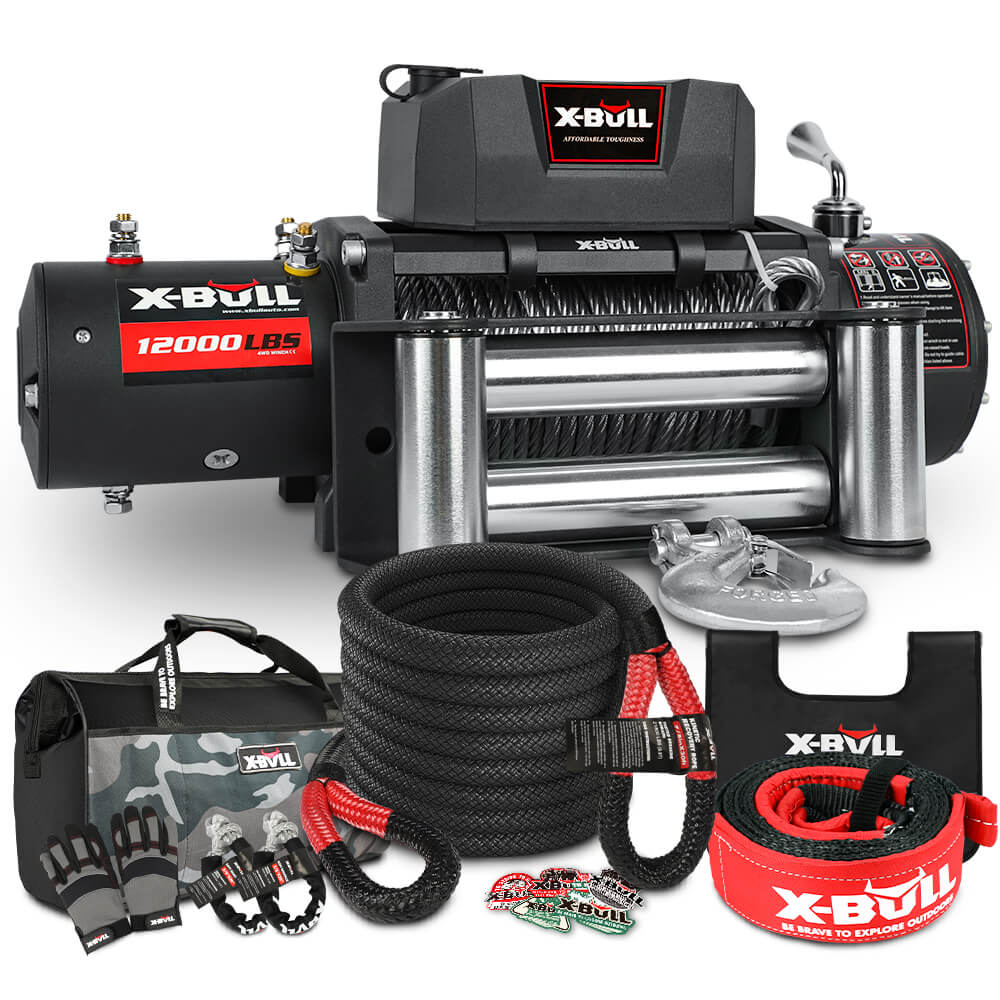 This image showcases an X-BULL 4WD Recovery Kit Kinetic Recovery Rope With 12000LBS Electric Winch 12V Winch 4WD 4X4 Offroad, featuring black, red, and silver components. It includes essential accessories like a black rope, gloves, a hook, a user manual, and a storage bag. Additionally, the setup benefits from the inclusion of a Kinetic Recovery Rope for enhanced versatility.