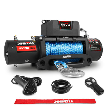 Image of an X-BULL Electric Winch 12V 12000LBS/5454kg 26M Synthetic Rope Wireless Remote 4WD 4X4 set. The winch has a black casing with blue synthetic rope, a hook, and red X-Bull branding. Accessories include a wired control, remote control, black cables, a red X-Bull towing strap, and a multi-position control box for versatile mounting options.