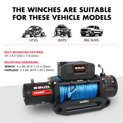 Image of an X-BULL Electric Winch 12V 12000LBS/5454kg 26M Synthetic Rope Wireless Remote 4WD 4X4 set. The winch has a black casing with blue synthetic rope, a hook, and red X-Bull branding. Accessories include a wired control, remote control, black cables, a red X-Bull towing strap, and a multi-position control box for versatile mounting options.