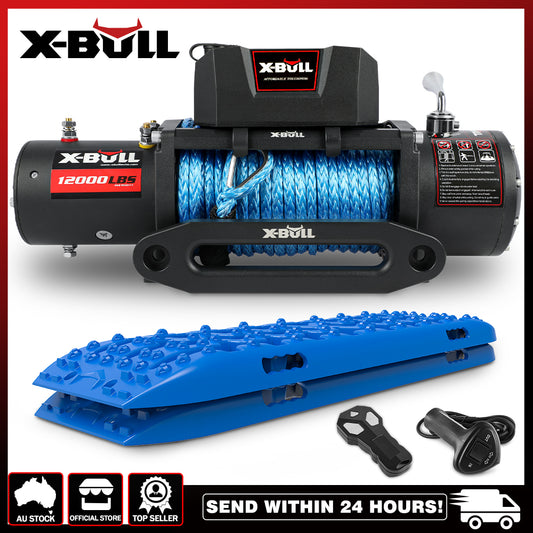 The image features an X-BULL 12V Electric Winch 12000LBS 4WD synthetic rope/2PCS Recovery Tracks Sand Mud Track Gen3.0 Blue. Below the winch are blue recovery traction tracks, a remote control, and a wireless remote key. The white background displays the company's logos and info.